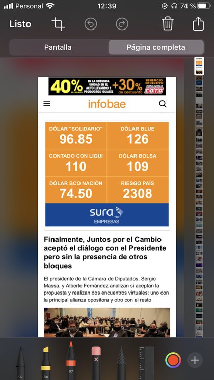 Si se ingresa a una página desde Safari es posible guardar la página completa como PDF